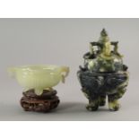 A Chinese green jadeite censor, 20th century, with lion carved handles, the body of ribbed reeded