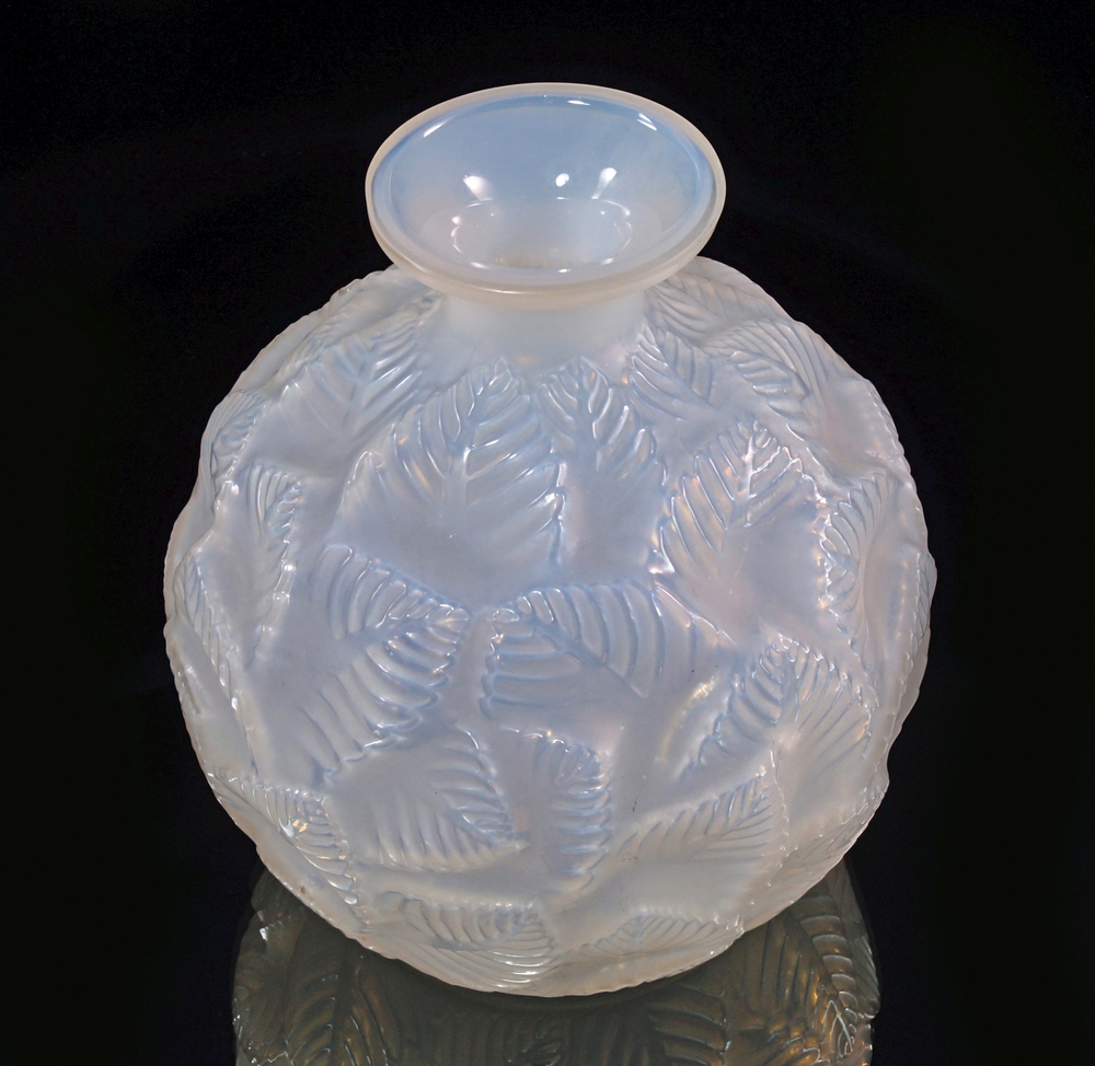 Rene Lalique, French 1860-1945, 'Ormeau' opalescent glass vase, designed 1926, of globular form with