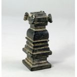 A Bactrian style carved black stone miniature stupa, the top with four bull heads at each corner,