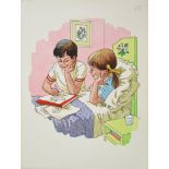 British School, mid to late 20th Century- Boy and Girl Drawing, original artwork ; gouache on paper,