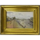 Jenny Morgan, British 20th/21st century- "By the Thames at Putney" 1975; acrylic on canvas, signed,