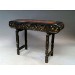 A Chinese rosewood scroll table, early 20th century, with rectangular burr wood inset top, the