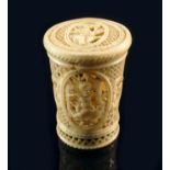 A Chinese bone cricket cage, 19th century, of cylindrical form finely pierced and carved in the