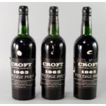 Three bottles of Croft Port 1963, ullages to high shoulder and lower, labels fair to good,