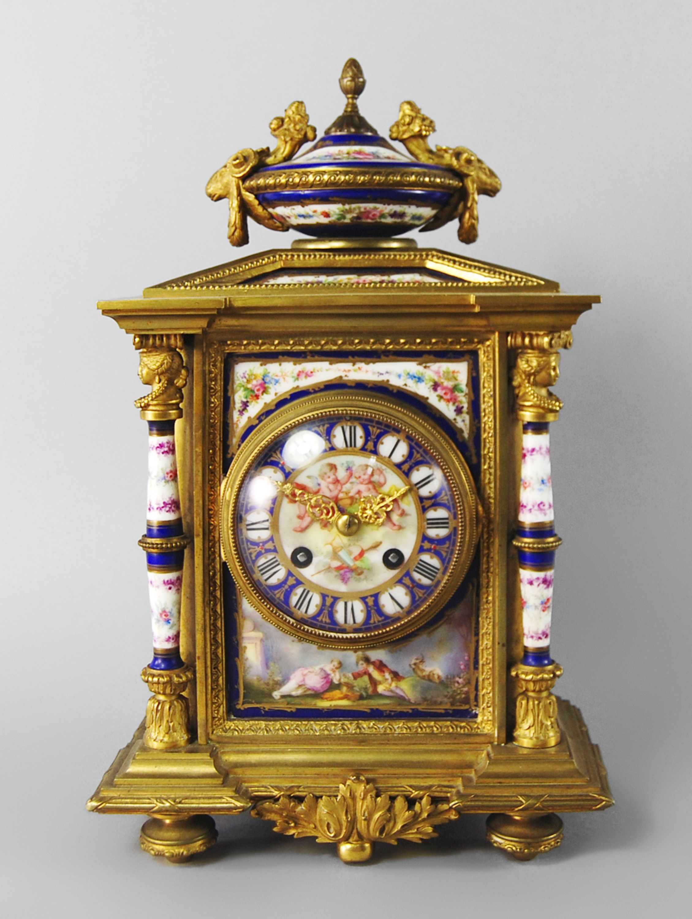A French gilt metal and Sevres style porcelain mantel clock, late 19th century,
