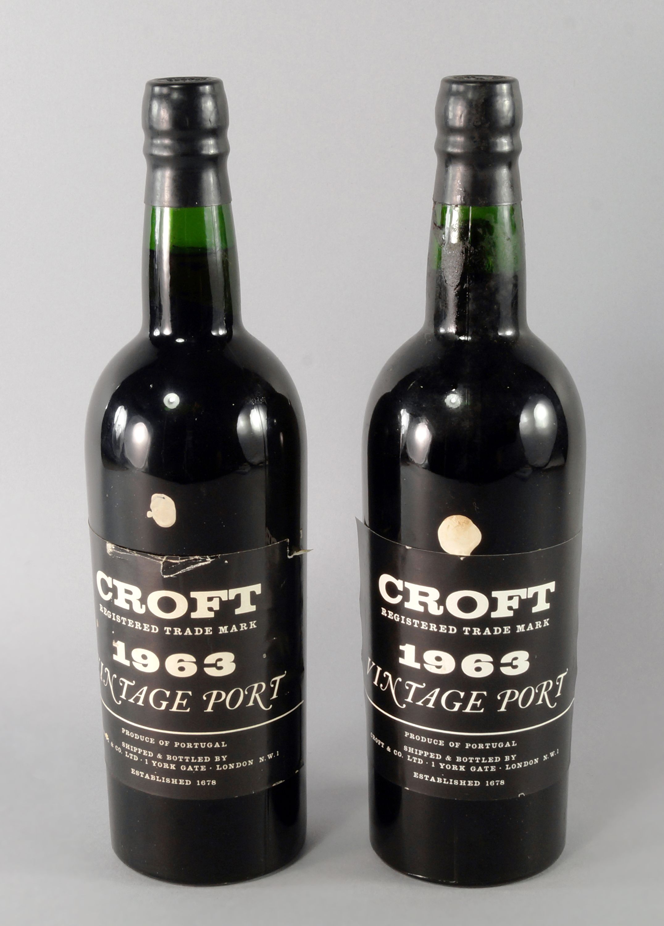 Two bottles of Croft Port 1963, ullages to mid neck, labels fair to good,