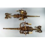 A pair of French gilt bronze three branch wall appliques, early /mid 20th century century, the