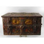 A iron bound rectangular Armada chest, 17th century, with two carrying handles and padlock hasps,