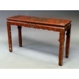 A Chinese red lacquer rectangular altar table, late 19th century, painted and incised with figures