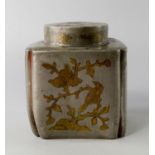 A Chinese pewter tea caddy, 18th/19th century, with circular lid, decorated with birds in trees,