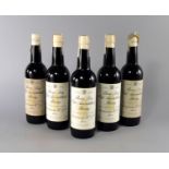 Five bottles of Sandeman Bone Dry Old Amontillado Sherry, ullages top neck, labels good, seals good,