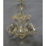 A Murano four light chandelier, 20th century, with central bulbous column,