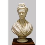 Mary Grant, British, 1831-1908 A marble bust of a woman, modelled with a lace hat, her hair tied