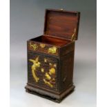 A Chinese hardwood table top cabinet, early 20th century, the hinged lid above green hardstone