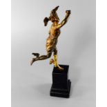 An Italian gilt bronze model of Mercury, late 17th/early 18th century, wearing a winged helmet,