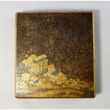 A Japanese square lacquer writing box, suzuribako, possibly 18th century, decorated with a