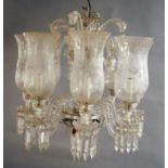An eight light Baccarat glass chandelier, 20th century, the central pillar with cup form corona,