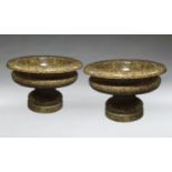 A pair of large grey brown marble tazze, 19th/20th century, of circular form, on turned bases,