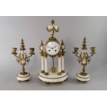 A French bronze and white marble clock garniture, 19th century, the clock with urn finial decoration