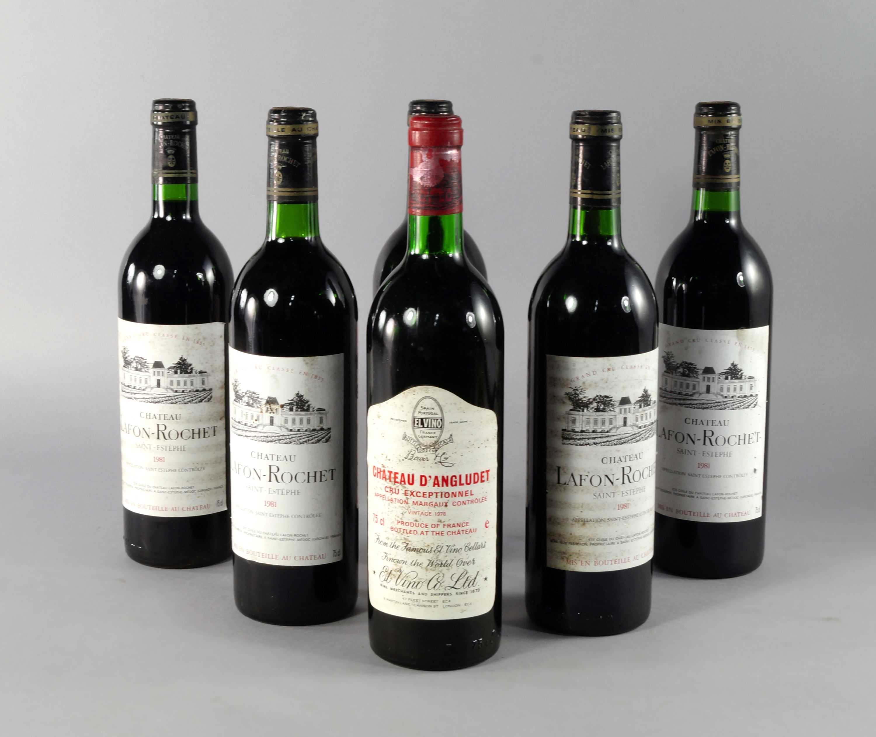 Five bottles of Lafon-Rochet 1981, ullages to lower neck/top shoulder,