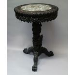 A Chinese hardwood and porcelain set occasional table, 19th century, elaborately carved