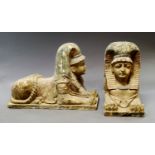 A pair of carved wood and painted sphinx, 19th/20th century, bearing signs of gesso and paint,