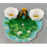 A George Jones maiolica strawberry dish, 19th century,  modelled in the form of a shaped lily pad,