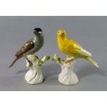 A pair of Continental porcelain models of birds, 19th century, modelled resting on tree stumps, 13cm