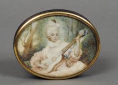 A 19th century Continental tortoiseshell snuff box
Of oval form, the unmarked yellow metal framed