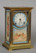 A painted porcelain panelled regulator mantel clock
With a lacquered brass case, the florally