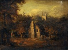 ENGLISH SCHOOL (18th/19th century)
Figures in a Rural Wooded Landscape With a Church Beyond
Oil on