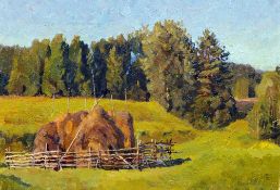 V.N. POTAPOV (20th century) Russian
Haystacks 
Oil on canvas
Signed and dated 90, variously