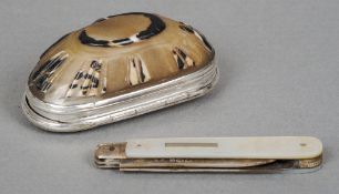 A 19th century unmarked white metal mounted shell form snuff box
Together with a silver bladed