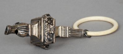 A George V silver baby's rattle, hallmarked Birmingham 1922, maker's mark of C & N
One end with a