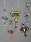 Five Sterling silver enamel decorated Art Nouveau style pendants on chains
Each of organic floral