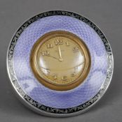 A George V enamel decorated silver mounted desk clock, hallmarked Birmingham 1923, maker's mark of