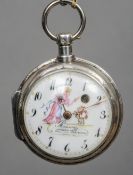 A 19th century unmarked Continental silver verge pocket watch
The white enamel dial with Arabic