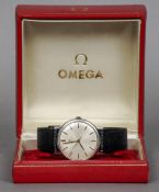 A boxed Omega gentleman's wristwatch
The circular dial with batons inscribed Omega.  3.5 cm wide.