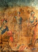A large antique painting on linen
Depicting classical soldiers rounding up prisoners, framed.  146.5
