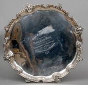 A large silver presentation salver, hallmarked Birmingham 1925, maker's mark of Adie Brothers Ltd