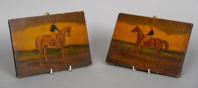 ENGLISH NAIVE SCHOOL (19th century)
Racehorses With Jockeys Up
Oils on panel
25 x 18 cm, (a pair) (