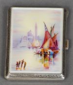 A silver and enamel decorated cigarette case, stamped 925, import mark for London 1927, sponsors