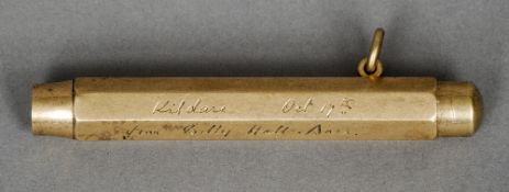 A 9 ct gold cased pencil, hallmarked London 1933, maker's mark of Samson Morden & Co.
Inscribed