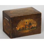 A 19th century painted cigar box
The exterior painted with vignettes of various battling knights,