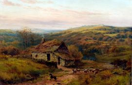 G. WRIGHT (19th century) British
Shepherd and His Dog With His Flock Before a Cottage in an