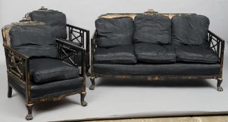 A late 18th/early 19th century chinoiserie lacquered bergere suite
Each shaped back with a pagoda