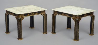 A pair of lacquered side tables
Each faux marble top above gilt chinoiserie panels on a black