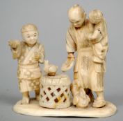 A 19th century Japanese ivory okimono
Formed as a figural group with chickens.  10 cms wide.