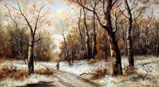 S. WILLIAM (19th century) British
Figure Carrying Faggots in a Winter Woodland
Oil on panel
Signed