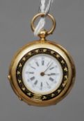 An 18 ct gold fob watch
The white enamel dial with Roman and Arabic numerals bordered by a band of